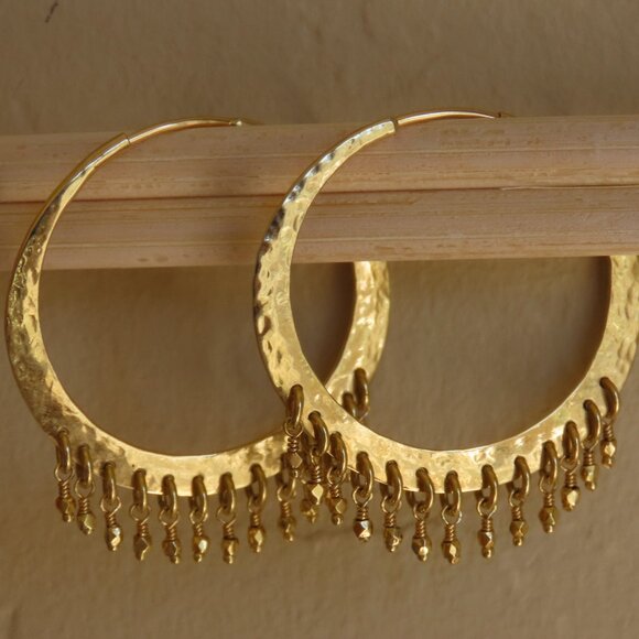 Jewelry - Solid 18k Gold Large Hoop Fringe Earrings